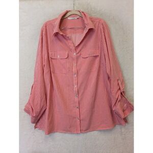Notations Woman 1X Red and White Striped Blouse Roll Tab Sleeve Button Down